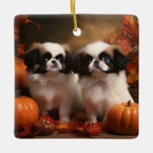 Japanse Chin Puppy Herfst Plezier Pompoen Keramisch Ornament