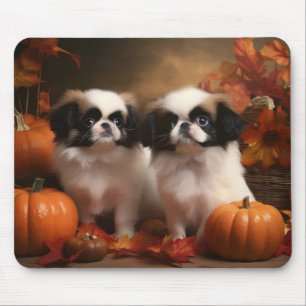 Japanse Chin Puppy Herfst Plezier Pompoen  Muismat