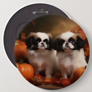 Japanse Chin Puppy Herfst Plezier Pompoen  Ronde Button 6,0 Cm