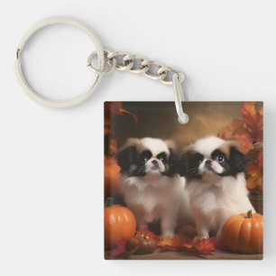 Japanse Chin Puppy Herfst Plezier Pompoen  Sleutelhanger