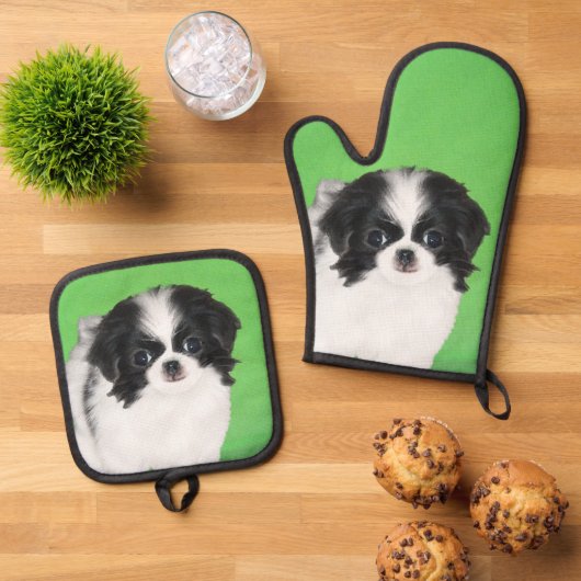 Japanse Chin Puppy Schilderen Originele Pet Dog Ar Ovenwant & Pannenlap Set (Top down)