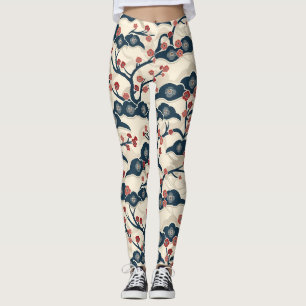 Japanse Chiyogami Ume Rode Koraal Indigo Crème Leggings