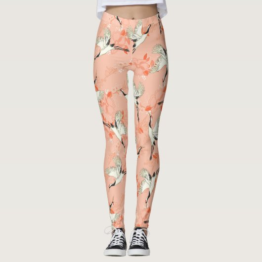 Japanse Crane Bird Painting Pink  Print Leggings (Voorkant)