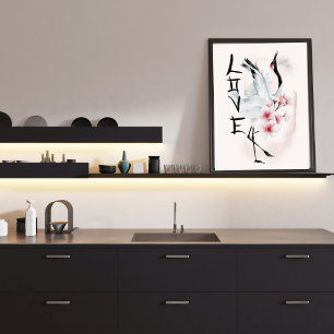 Japanse Crane Sakura Cherry Blossom Elegant Love Poster