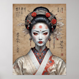 Japanse cyberpunk geisha op perkament poster