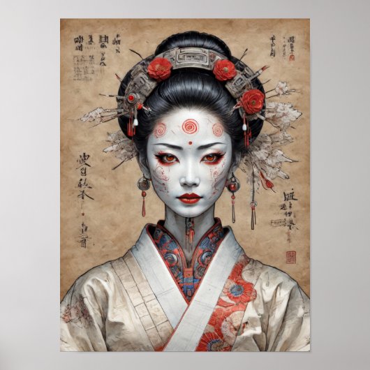 Japanse cyberpunk geisha op perkament poster (Voorkant)