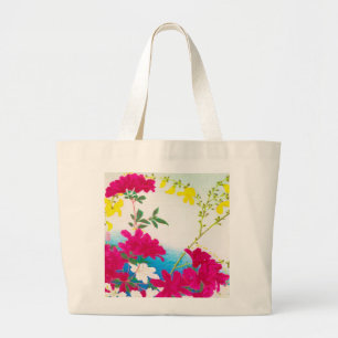 Japanse dagleugens - magenta, geel blauw grote tote bag