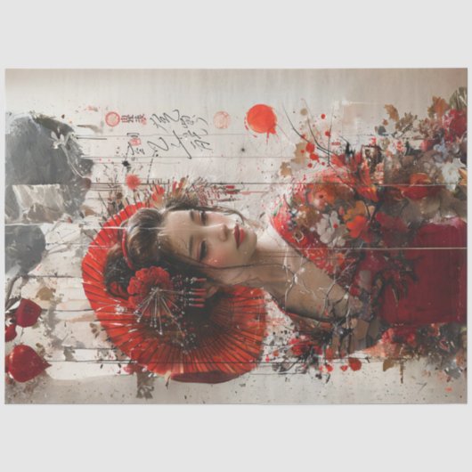 Japanse dame in rode kimono decoupage tissuepapier (Voorkant)