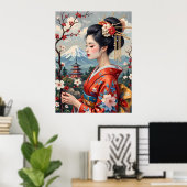 Japanse dame met de berg Fuji Poster (Thuiskantoor)