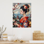 Japanse dame met de berg Fuji Poster (Keuken)
