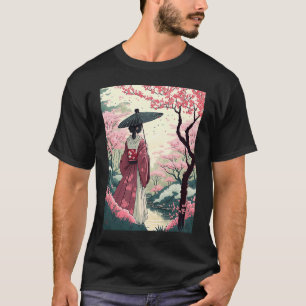 Japanse dame met paraplu kersenbloesem tuin t-shirt