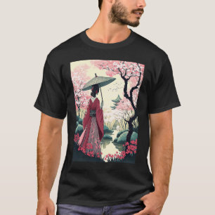 Japanse dame met paraplu Pagode kersenbloesem T-shirt