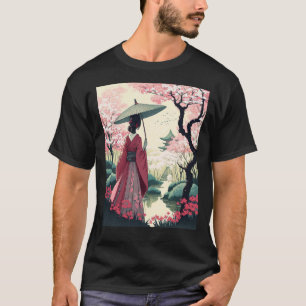 Japanse dame met paraplu Pagode kersenbloesem T-shirt