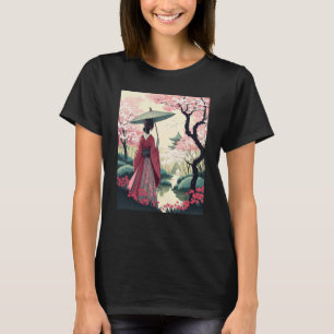 Japanse dame met paraplu Pagode kersenbloesem T-shirt
