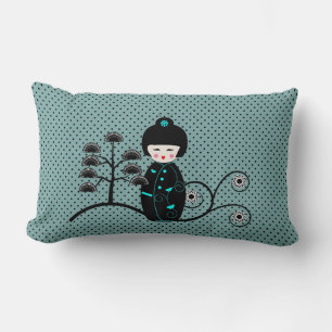 Japanse Doll Black en Blue Polka Dot Kussen