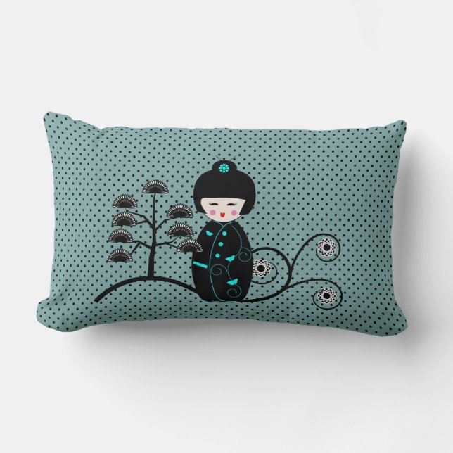 Japanse Doll Black en Blue Polka Dot Kussen (Voorkant)