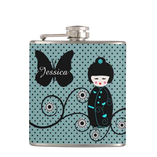 Japanse Doll Polka Dot gepersonaliseerd Heupfles (Voorkant)