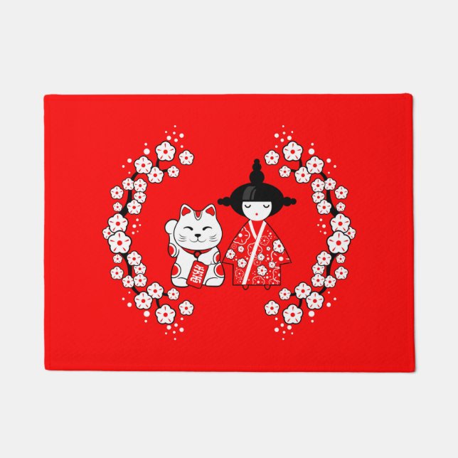 Japanse dollar - Kokeshi en Maneki Neko Cat Deurmat (Voorkant)
