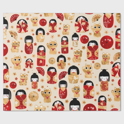 Japanse dollen - Kokeshi en Maneki Neko Cats Cadeaupapier (Vlak)
