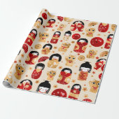Japanse dollen - Kokeshi en Maneki Neko Cats Cadeaupapier (Uitgerold)