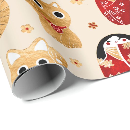 Japanse dollen - Kokeshi en Maneki Neko Cats Cadeaupapier (Rol Hoek)