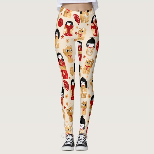 Japanse dollen - Kokeshi en Maneki Neko Cats Leggings (Voorkant)