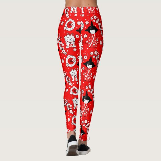 Japanse dollen - Kokeshi en Maneki Neko Cats Leggings (Achterkant)