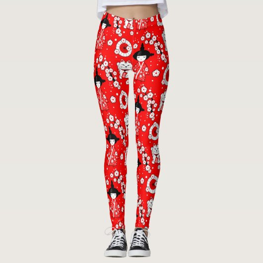 Japanse dollen - Kokeshi en Maneki Neko Cats Leggings (Voorkant)