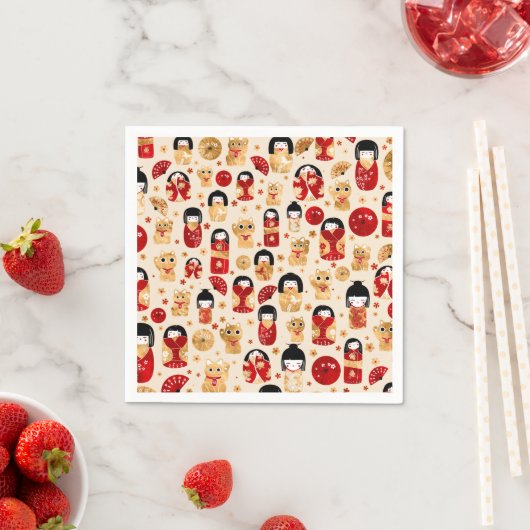 Japanse dollen - Kokeshi en Maneki Neko Cats Servet (Insitu)