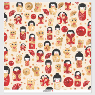 Japanse dollen - Kokeshi en Maneki Neko Cats Sticker