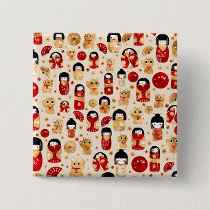 Japanse dollen - Kokeshi en Maneki Neko Cats Vierkante Button 5,1 Cm