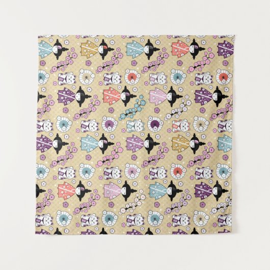 Japanse dollen - Kokeshi en Maneki Neko Cats Wandkleed (Voorkant (horizontaal))