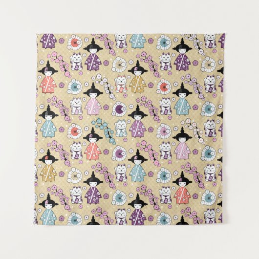 Japanse dollen - Kokeshi en Maneki Neko Cats Wandkleed (Voorkant)