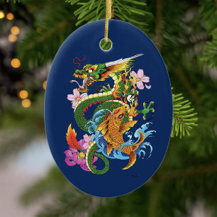 Japanse Draak Koi Lotus Mythische Aziatische Blauw Keramisch Ornament