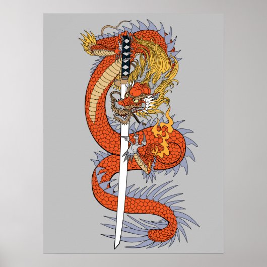Japanse draak met katana zwaard poster (Voorkant)