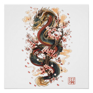 Japanse Draak met Kersenbloesems | Sakura Mythe Perfect Poster