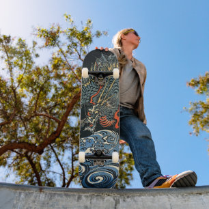Japanse Draak Over Turbulente Golven Kunst Persoonlijk Skateboard