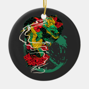 Japanse Draak Pioen Traditionele Tatoeagekunst Keramisch Ornament
