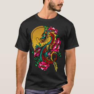 Japanse Draak Tatoeage Gouden Zon Lotus T-shirt