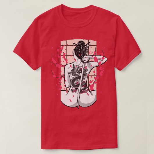 Japanse draak Tattooed Samurai Girl Cherry Bloss T-shirt (Design voorkant)