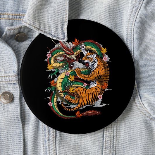 Japanse Dragon Tiger Battle Ronde Button 6,0 Cm (In situ)