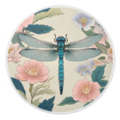 Japanse Dragonfly Art Pastel Groen & Roze Bloemen Keramische Knop (Voorkant)