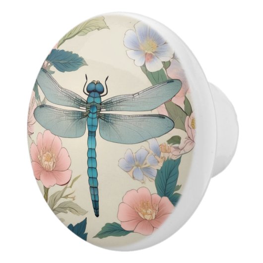Japanse Dragonfly Art Pastel Groen & Roze Bloemen Keramische Knop (Rechts)