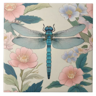 Japanse Dragonfly Art Pastel Groen & Roze Bloemen Tegeltje