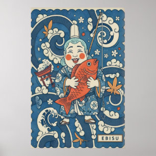 Japanse Ebisu Muurkunst Lachende God met Vis en Poster