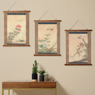 Japanse Edo-periode Kano Motonobu vogels & bloemen Hangend Wandkleed