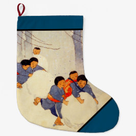 JAPANSE FAMILIE SPEELT IN SNEEUWkerststop Grote Kerstsok