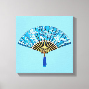 Japanse Fan in Turquoise Blauw en Wit Canvas Afdruk