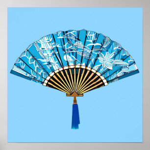 Japanse Fan in Turquoise Blauw en Wit Poster