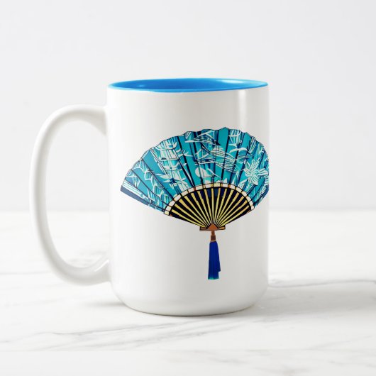 Japanse Fan in Turquoise Blauw en Wit Tweekleurige Koffiemok (Links)